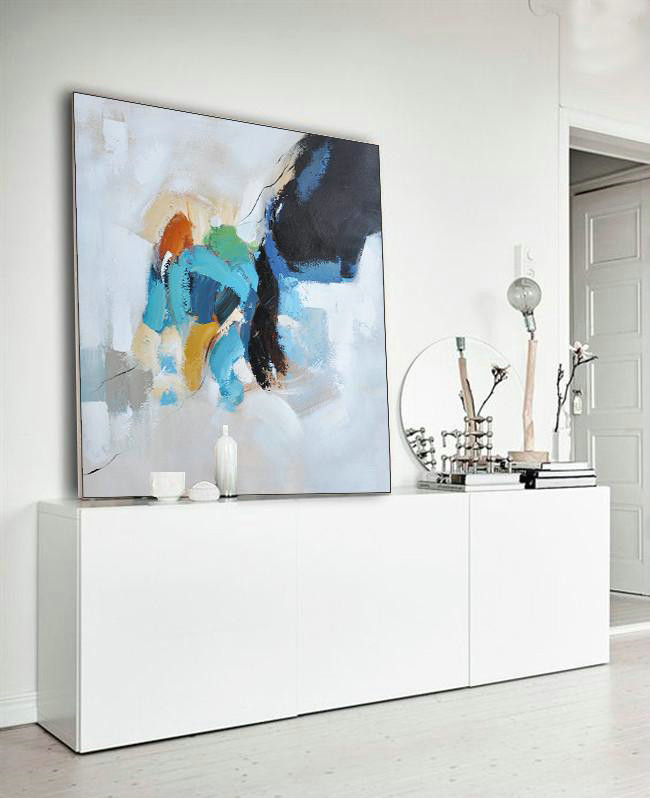 Abstract Painting Extra Large Canvas Art,Oversized Contemporary Art,Modern Art Abstract Painting,Black,White,Sky Blue,Green,Yellow.etc